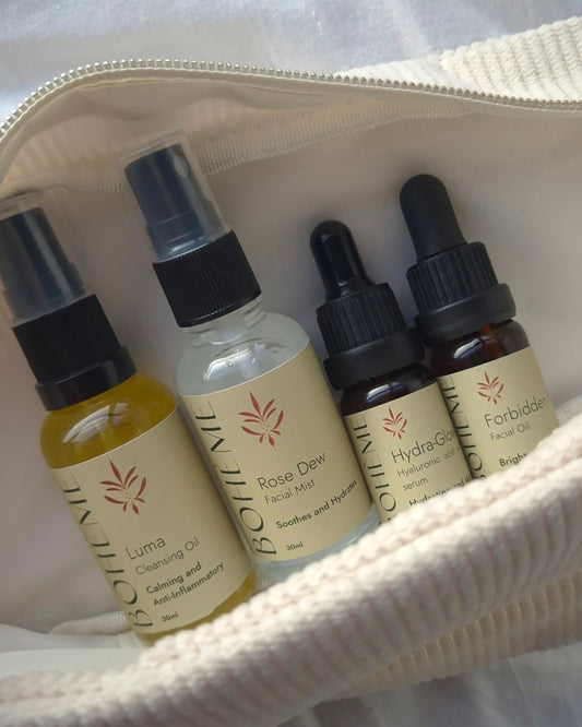 Natural skincare minis bundle – organic facial oils, hydrating hyaluronic acid serum, and rose mist for glowing skin on the go