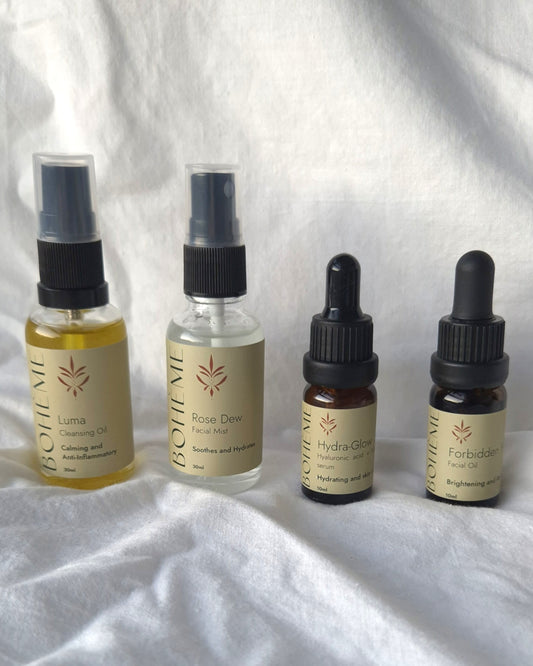 Natural skincare minis bundle – organic facial oils, hydrating hyaluronic acid serum, and rose mist for glowing skin on the go